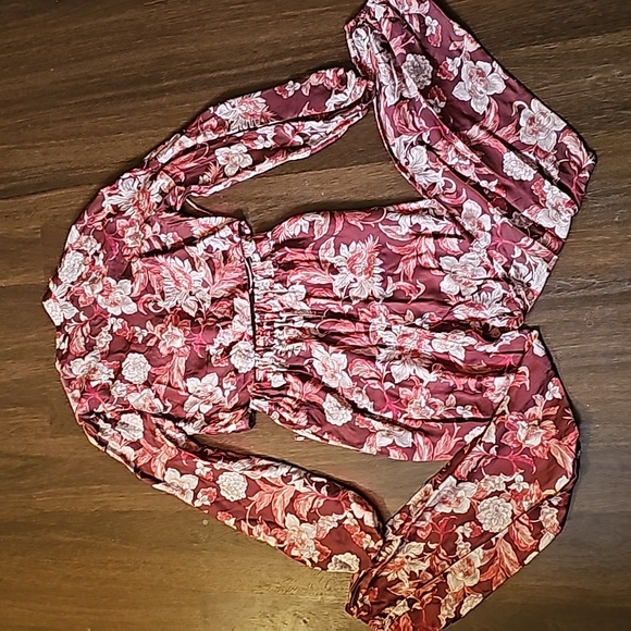 Zara 2 piece silky ruby/white floral kimono patterned outfit sz XS EUC! - Picture 8 of 9